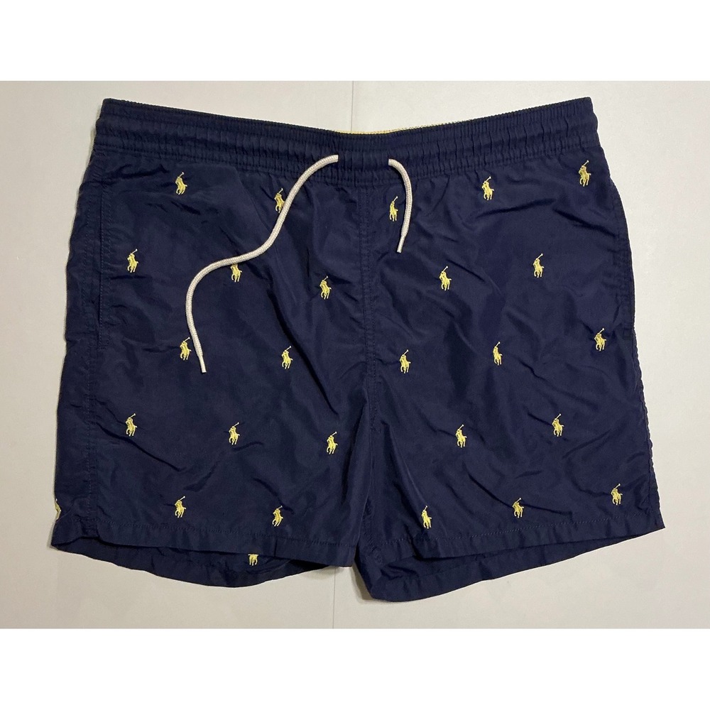 VTG Y2K‎ Polo Ralph Lauren Mens Navy Blue AOP Pony Swim Trunks M FLAW